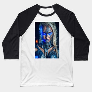 Cybernetic Beautiful Woman in Blue Baseball T-Shirt